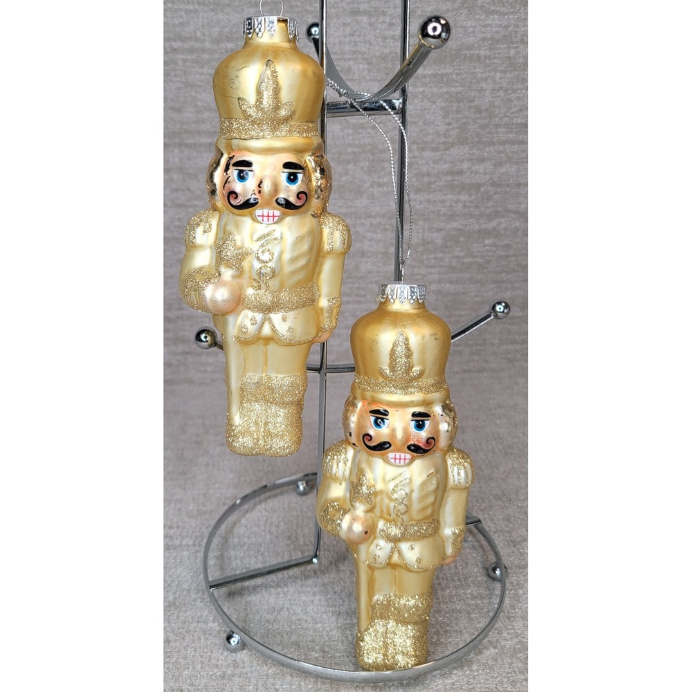 G&D Nutcracker Christmas Ornaments Gold Hand Blown Glass Glitter Set of 2